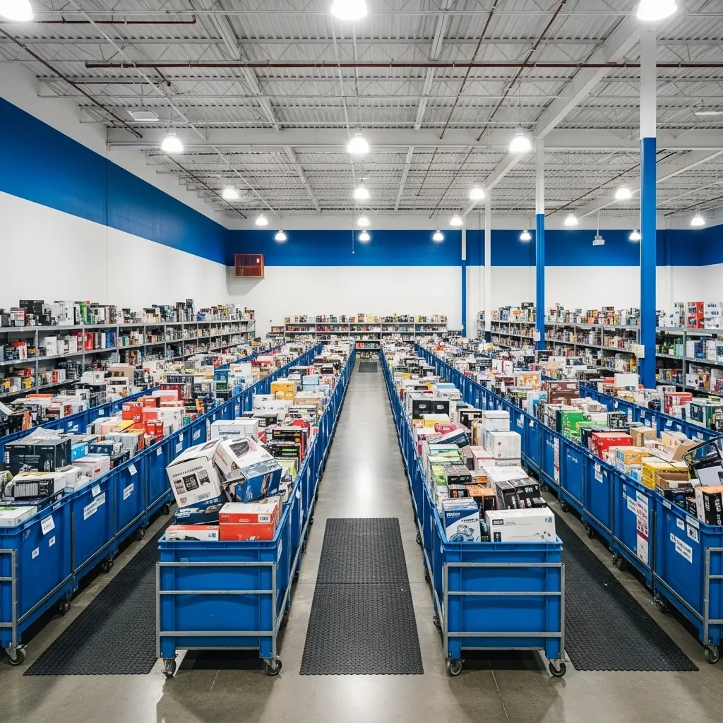 Tallahassee Bin 5th Miami warehouse-style bin store with metal bins and shoppers, Bin Stores In Florida